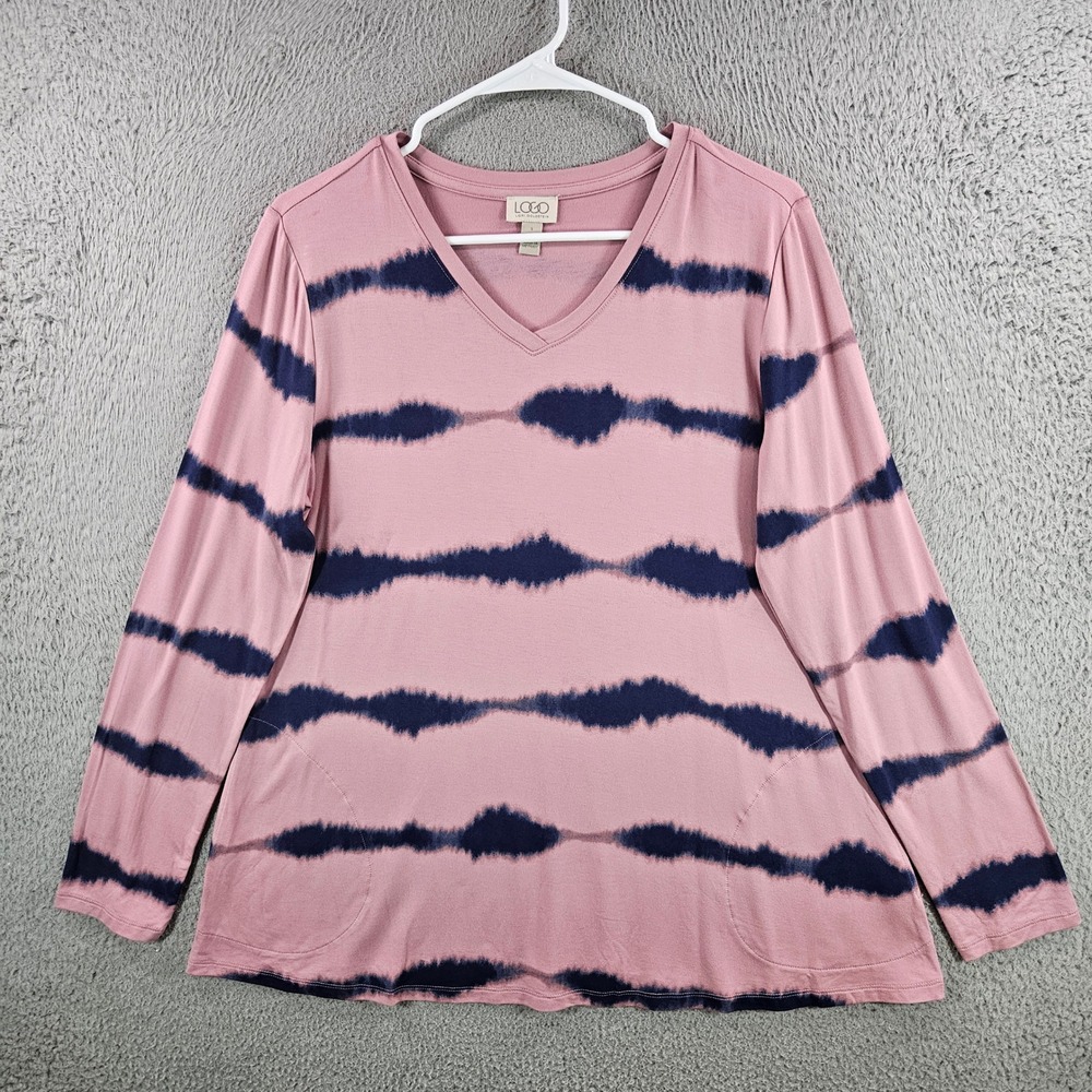 LOGO Lori Goldstein Womens Small Pink Navy Tie Dye V-Neck Long Sleeve Pocket Top